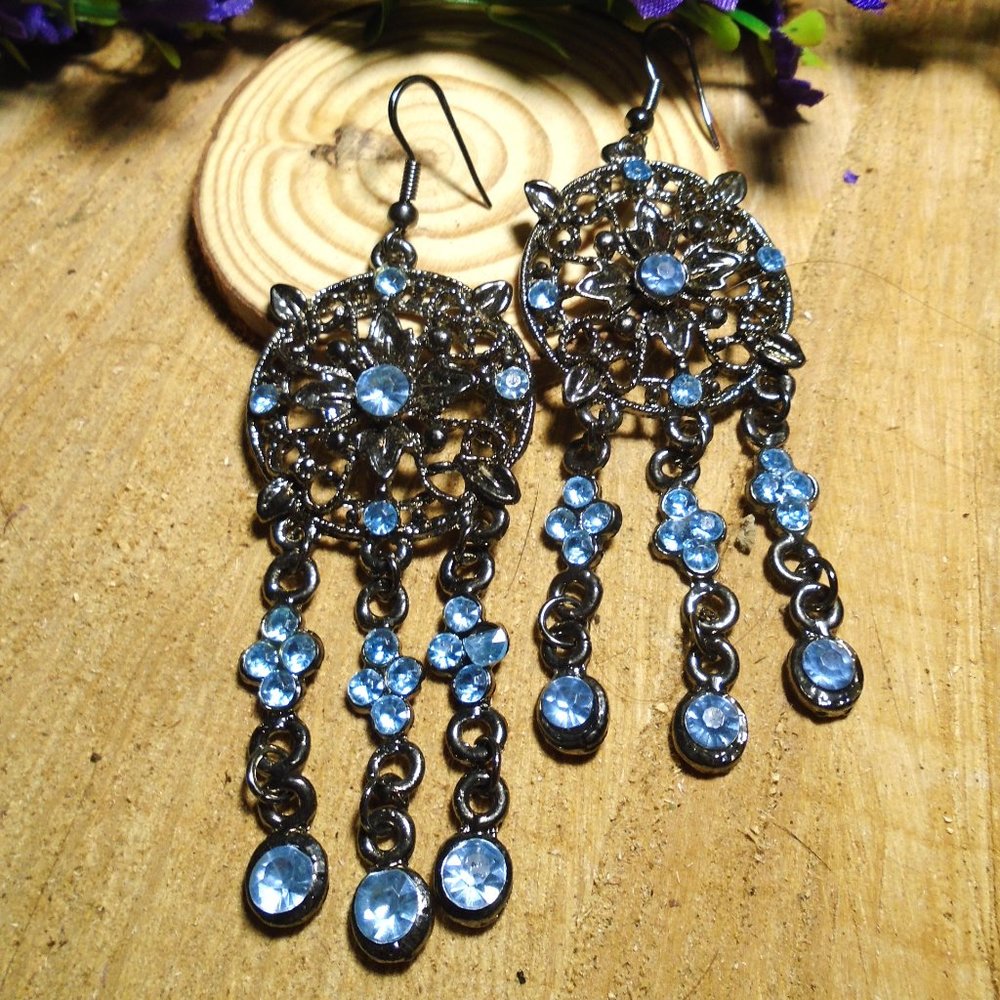 2/$25 Vintage Blue Rhinestone earrings Chandelier ornate details Round Dangles